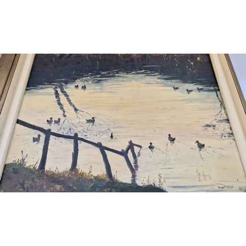 28 - Naive oil on canvas of a castle by the coast with sheep, oil of ducks on a pond and print of childre... 
