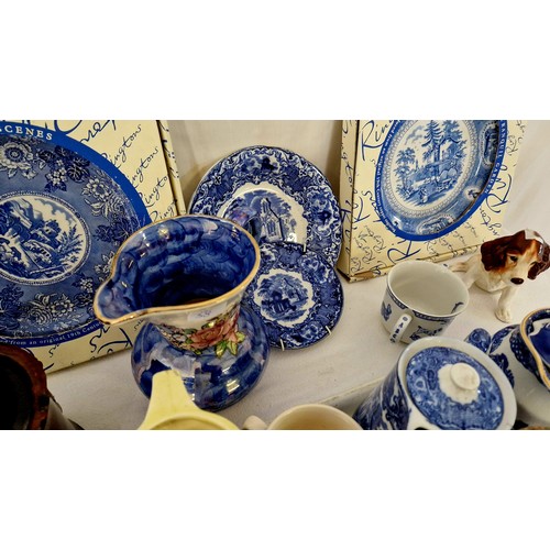 38 - Various blue and white ware incl. Spode, Ringtons, plates, SylvaC spaniel etc