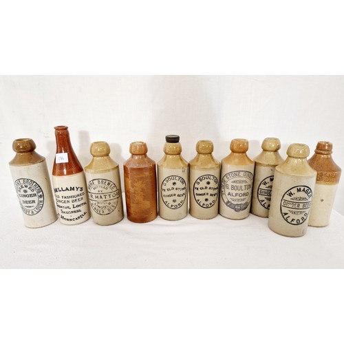 46 - Collection of 10 local named stoneware bottles incl. Mager Alford, Boulton Alford, Bellamy's, Grimsb... 