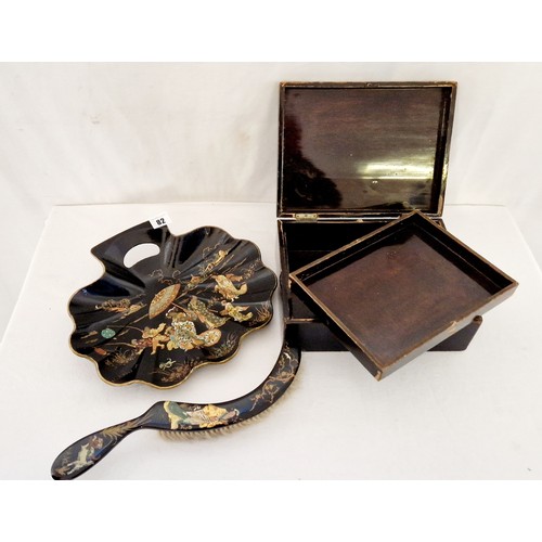 82 - Lacquered oriental jewellery box and shell form crumb tray and brush