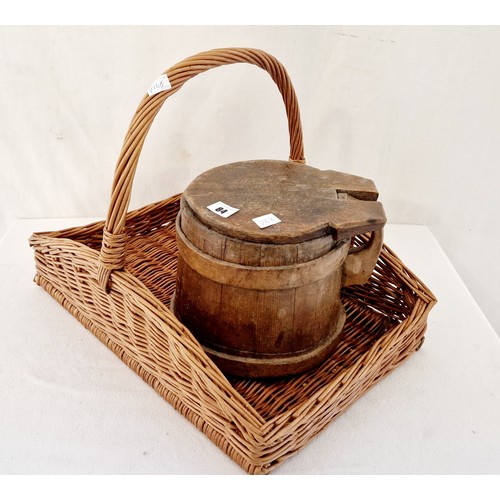 84 - Modern wicker basket and vintage wooden handled dairy barrel