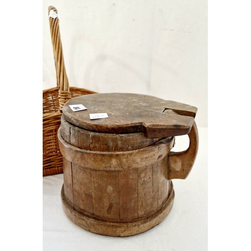 84 - Modern wicker basket and vintage wooden handled dairy barrel