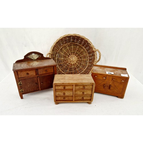 88 - Three items of miniature wooden furniture and wicker basket