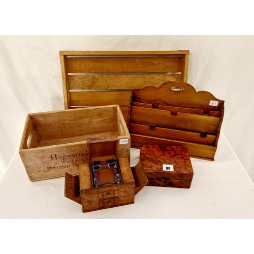 90 - Art Deco walnut metamorphic cigarette box, stationery rack and other treen