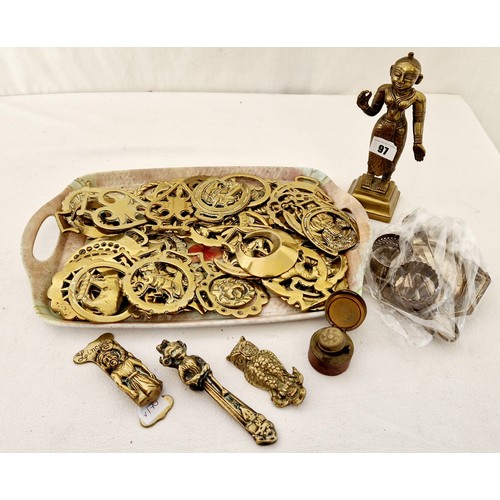 97 - Qty of metal ware incl. horse brasses, Hindu figure and EPNS tableware