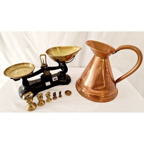 100 - Lieber kitchen scales with grocers graduated brass weights and reproduction copper jug