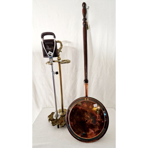 118 - Brass shell form stick stand, shooting stick and copper warming pan