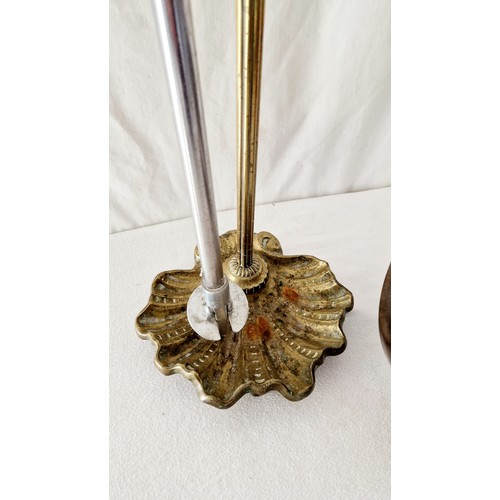 118 - Brass shell form stick stand, shooting stick and copper warming pan