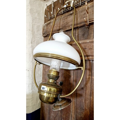 125 - Brass hanging oil lamp with glass shade and chimney
