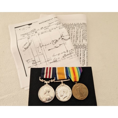 131 - A GB WWI Military medal group of three George V Military Medal; War & Victory medals awarded to BDR ... 