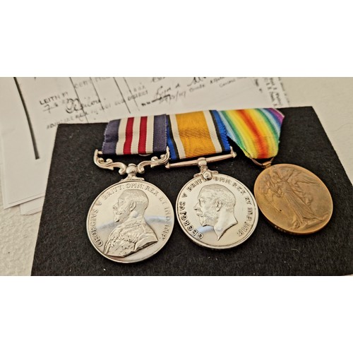 131 - A GB WWI Military medal group of three George V Military Medal; War & Victory medals awarded to BDR ... 
