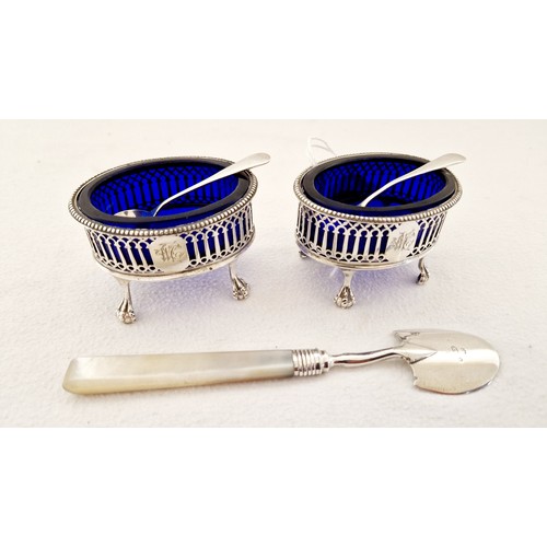 152 - Silver tableware, comprising a pair of London 1798 salts, in ovoid form with pierced gallery on ball... 