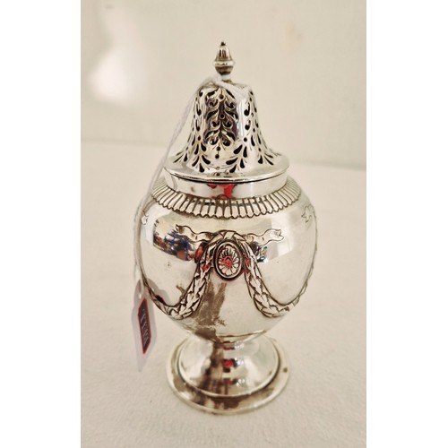 163 - A Sheffield 1888 silver baluster form sugar caster, with embossed swag decoration on circular spread... 