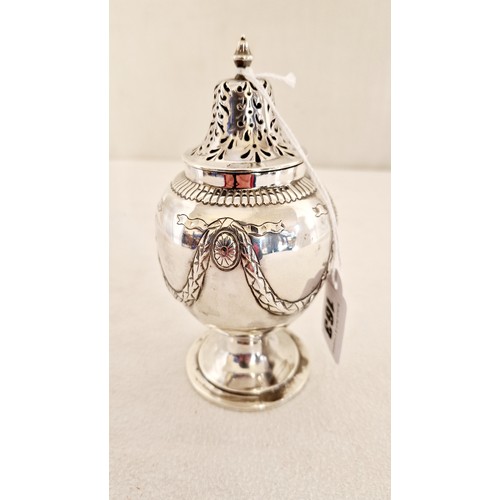 163 - A Sheffield 1888 silver baluster form sugar caster, with embossed swag decoration on circular spread... 