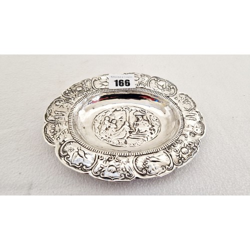 166 - A London 1881 oval shallow bowl, with profuse embossed border and centre panel c. 17cm x 13cm and 3.... 