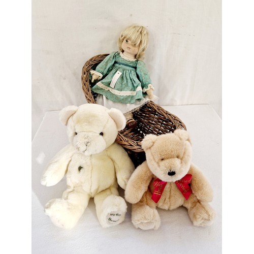 171 - Vintage doll, Harrods teddy bears and vintage wicker crib