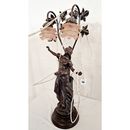 195 - Spelter effect two branch table lamp with classical figure and support