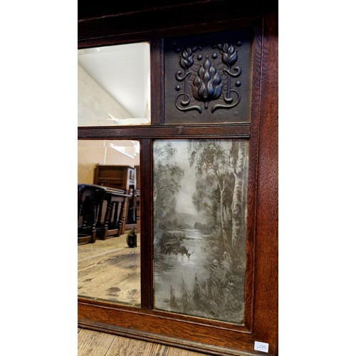 208 - Art Nouveau oak framed over mantel with bevelled plate and two pictorial highland scenes