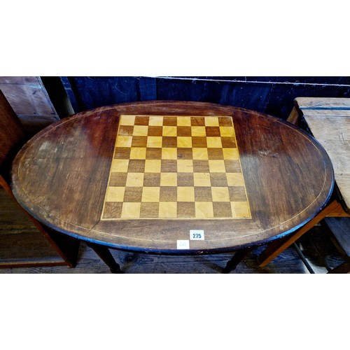 275 - Late Victorian mahogany oval occasional table with chequerboard top to turned legs