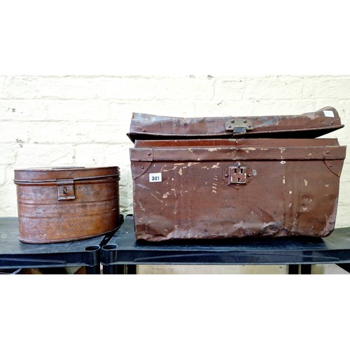 301 - Vintage distressed tin trunk and hat box