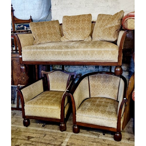 285 - Art Nouveau mahogany framed 3 piece suite comprising settee and 2 armchairs