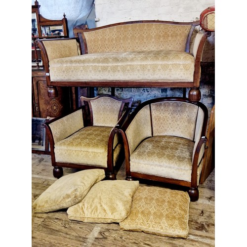 285 - Art Nouveau mahogany framed 3 piece suite comprising settee and 2 armchairs