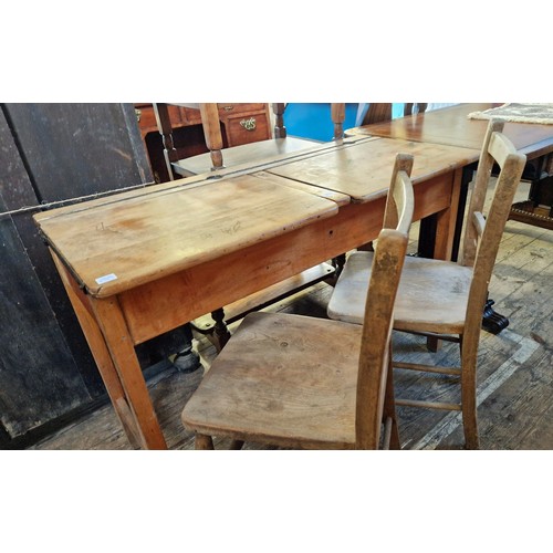 276 - Mid century elm 2-seater school desk and 2 chairs