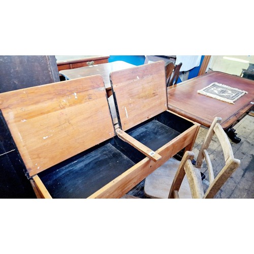 276 - Mid century elm 2-seater school desk and 2 chairs