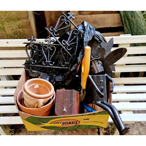 19 - Plastic garden bench, terracotta pots, tools etc