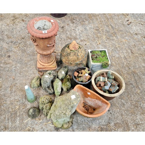 56 - Qty of simulated stone garden figures and planters, pot feet etc