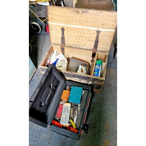 87 - Vintage pine and plastic tool boxes, miscellaneous tools etc