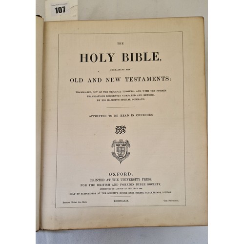 107 - Holy Bible Oxford University Press 1869 with gilt edge pages, some damage to spine