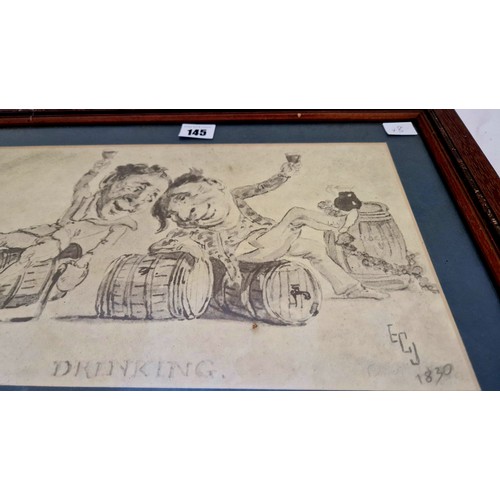 145 - Black and white oak framed print of a Georgian drinking scene