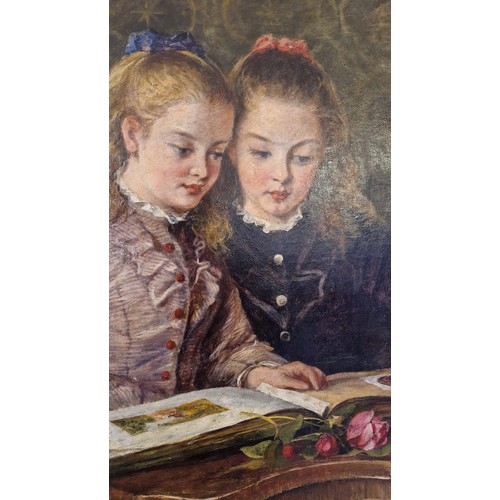 143 - George Wells - believed George Wells (1842 – 1888) Oil on canvas, two girls at a book, signed G. Wel... 