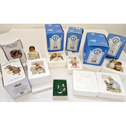 157 - Collection of six mint boxed Frederick Warne World of Beatrix Potter figures and enamel badges