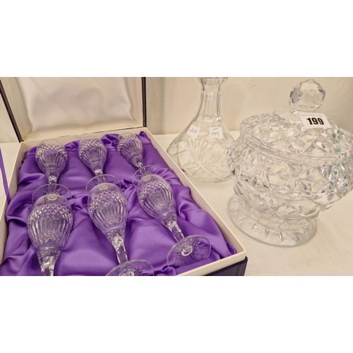 199 - Boxed set of Watford crystal glasses, decanter and biscuit jar