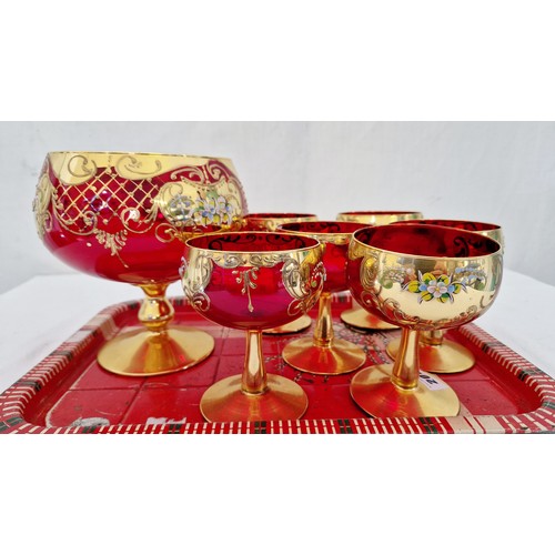 201 - Rouge and gilt stem glasses and bowl