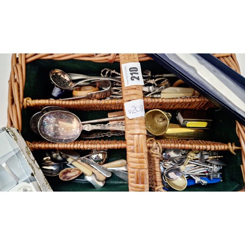 210 - Baize lined wicker cutlery basket with various EPNS cutlery etc