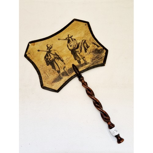 223 - Handheld fire screen with oak barley twist handle and pictorial panels