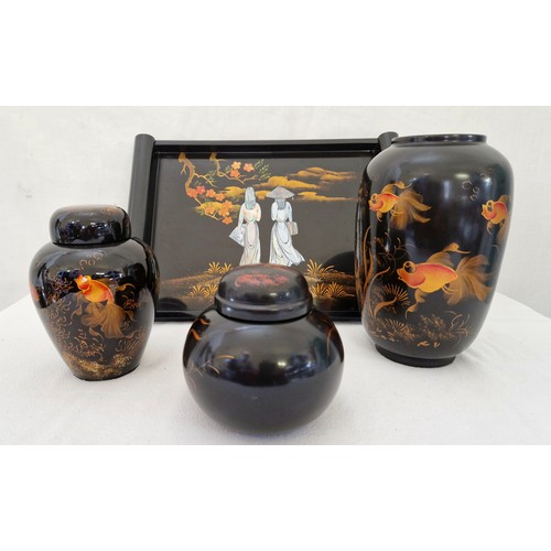 228 - Decorative oriental lacquered tableware including covered jars with fish, tray etc