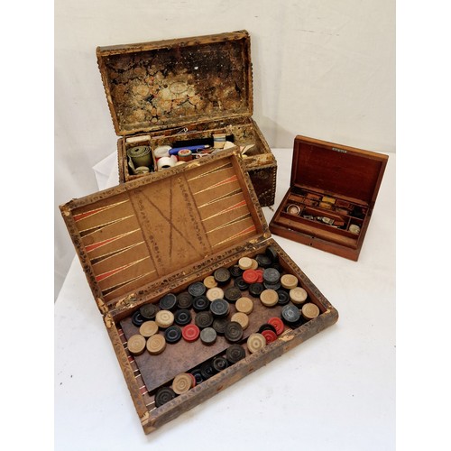 235 - Two various boxes compromising a gaming set in the form of a book, sewing set and artists mahogany c... 