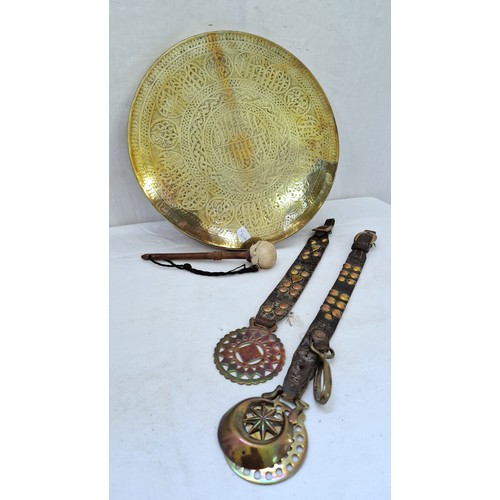 242 - Brass ware comprising brass gong and two leather martingales