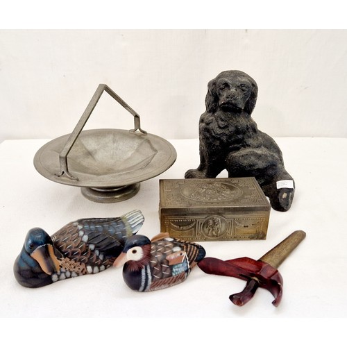 247 - Mixed lot comprising cast spaniel door stop, pewter comport etc