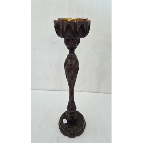 256 - Early 20th century oak baluster carved smokers stand with glass ashtray