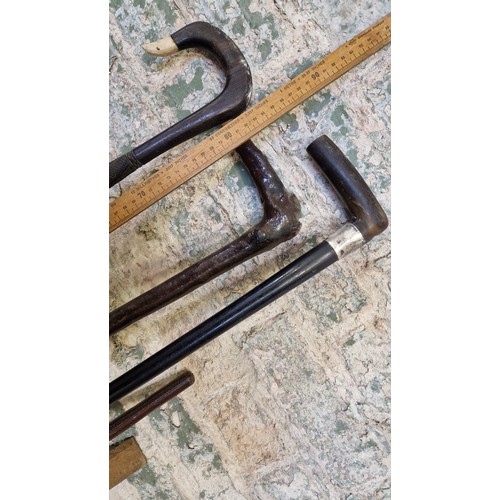 263 - Three wooden and ebonised walking sticks, one inscribed FH Gosling and two vintage rulers