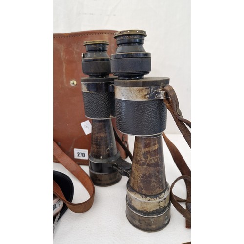 270 - Pair of vintage Huet 10x50 field glasses with leather case; pair of Bresser binoculars with lens cap... 