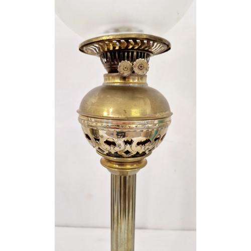 284 - Brass column oil lamp on square base approx. 82cm tall incl. glass chimney