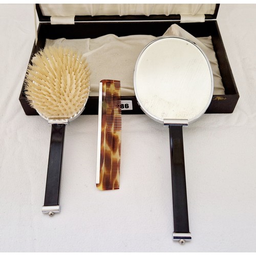 286 - Art Deco green enamelled back brush and mirror set and tortoiseshell comb