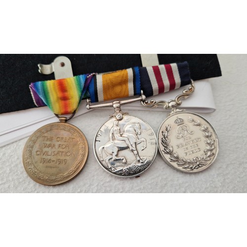 295 - A GB WWI Military medal group of three George V Military Medal; War & Victory medals awarded to BDR ... 