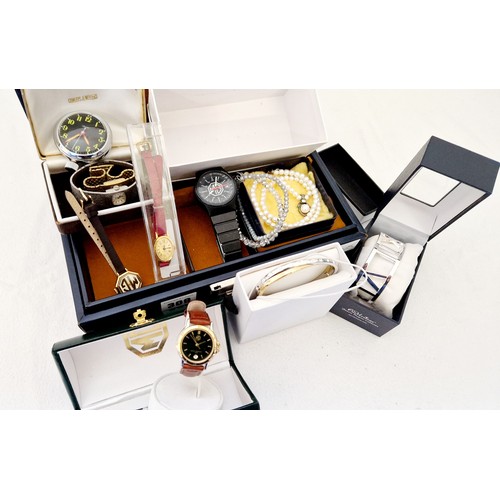 309 - Jewellery box, costume jewellery and various wrist and pocket watches